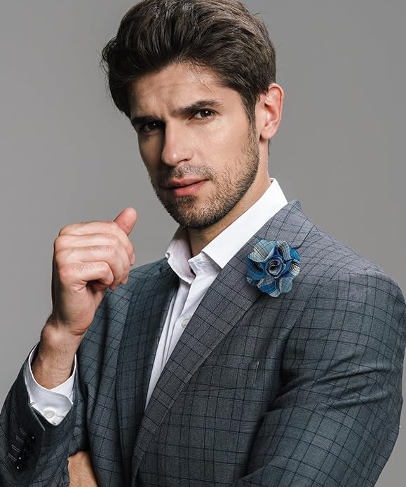 Vittorio Vico Unisex Metallic Silver Accent Plaid Flower Lapel Pin - Suits You Sir - Turquoise -