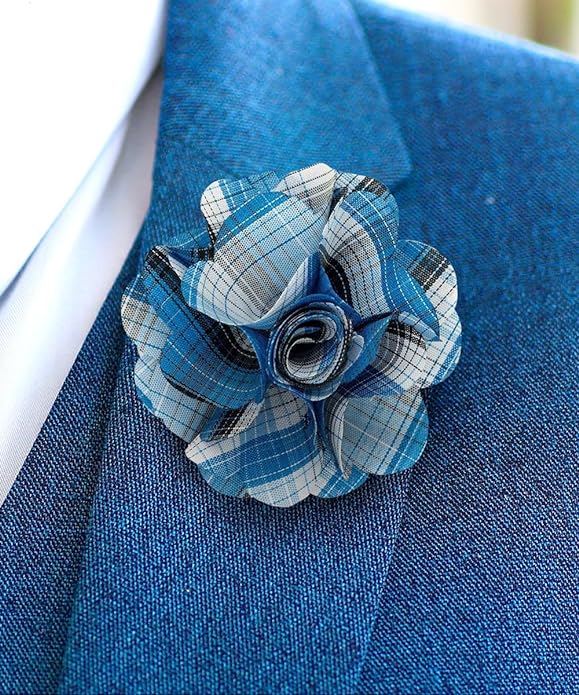 Vittorio Vico Unisex Metallic Silver Accent Plaid Flower Lapel Pin - Suits You Sir - Turquoise -