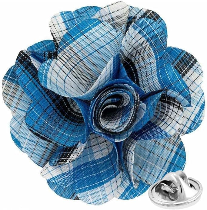 Vittorio Vico Unisex Metallic Silver Accent Plaid Flower Lapel Pin - Suits You Sir - Turquoise -