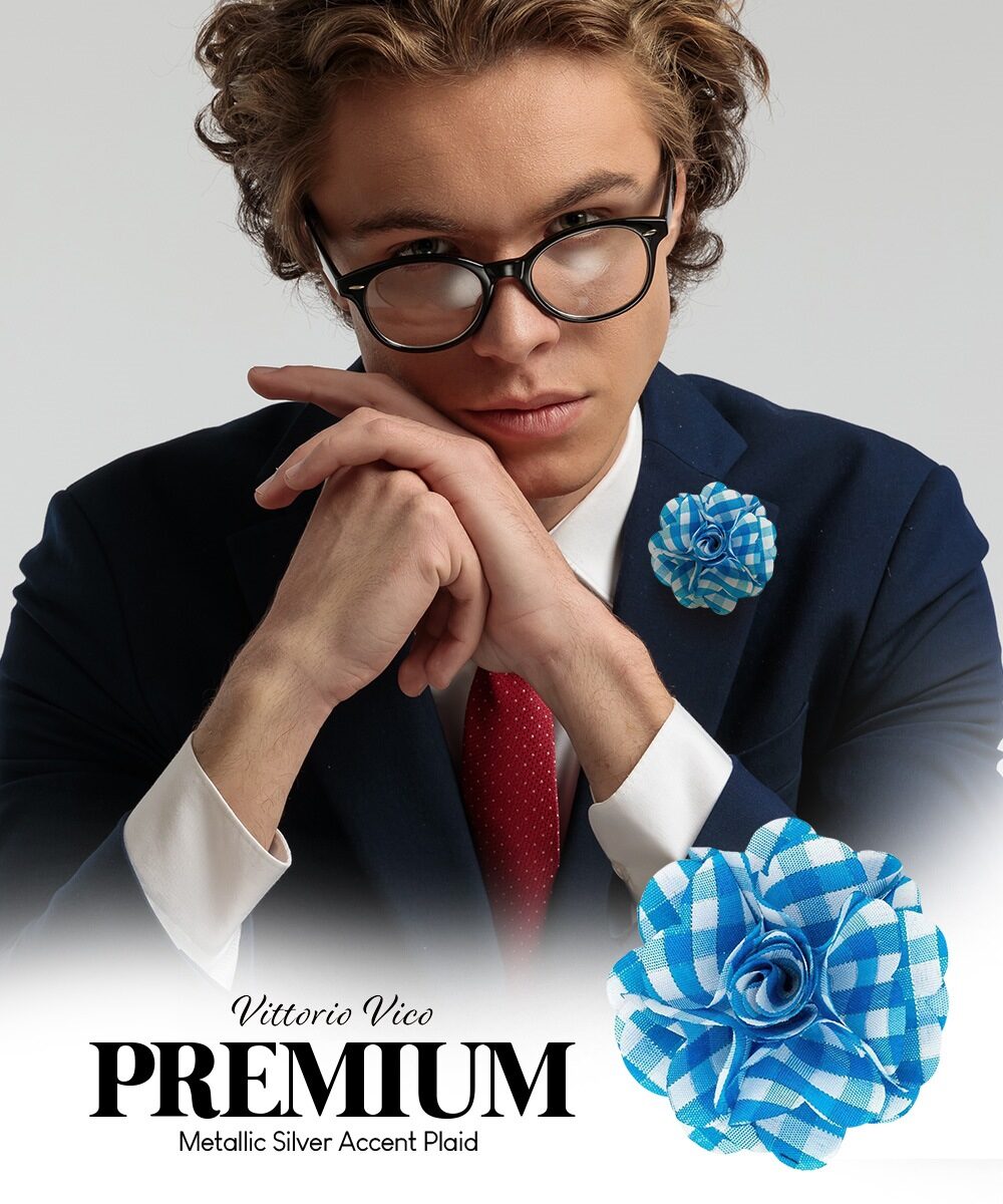 Vittorio Vico Unisex Metallic Silver Accent Plaid Flower Lapel Pin - Suits You Sir - Turquoise with Silver -