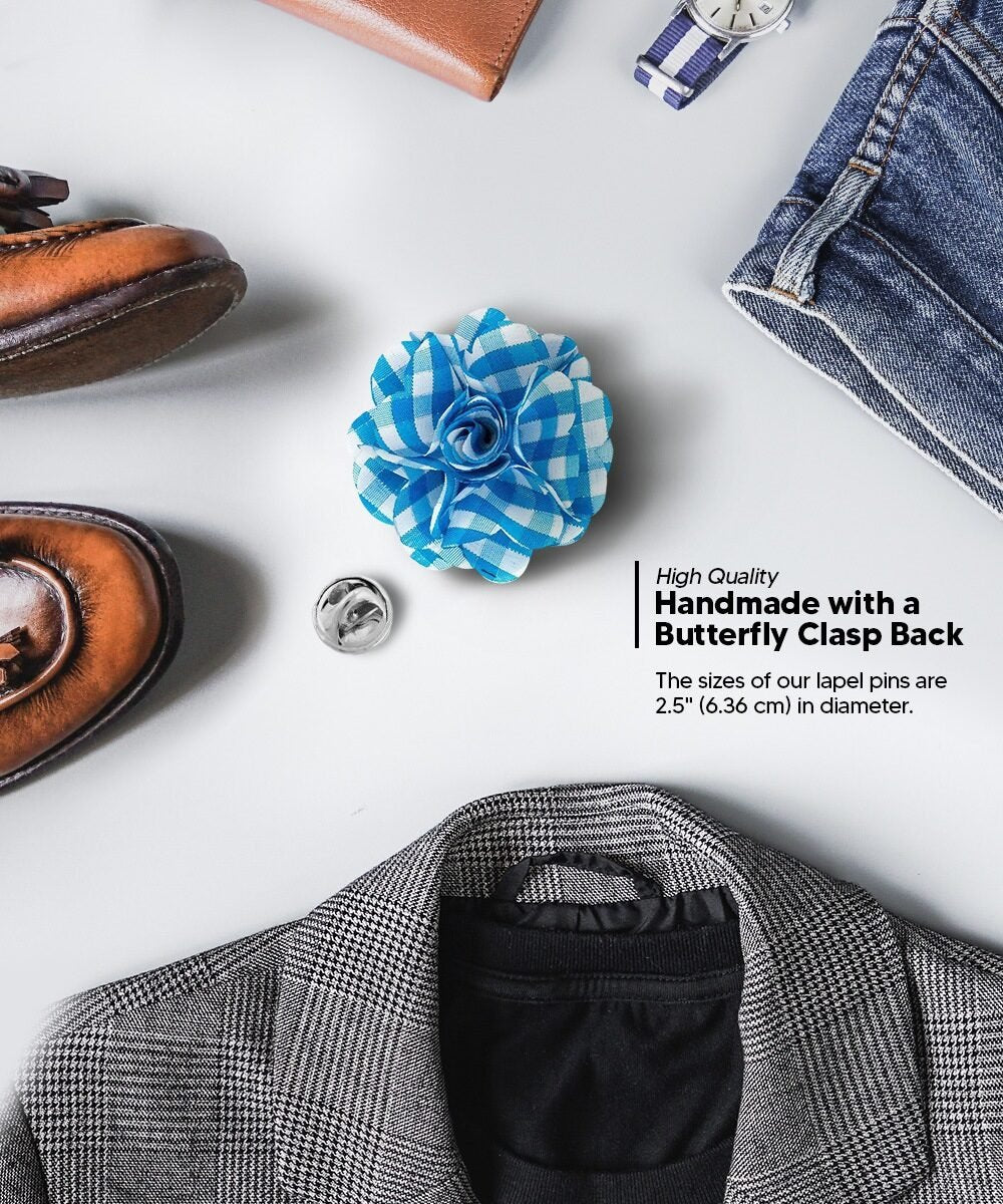 Vittorio Vico Unisex Metallic Silver Accent Plaid Flower Lapel Pin - Suits You Sir - Turquoise with Silver -