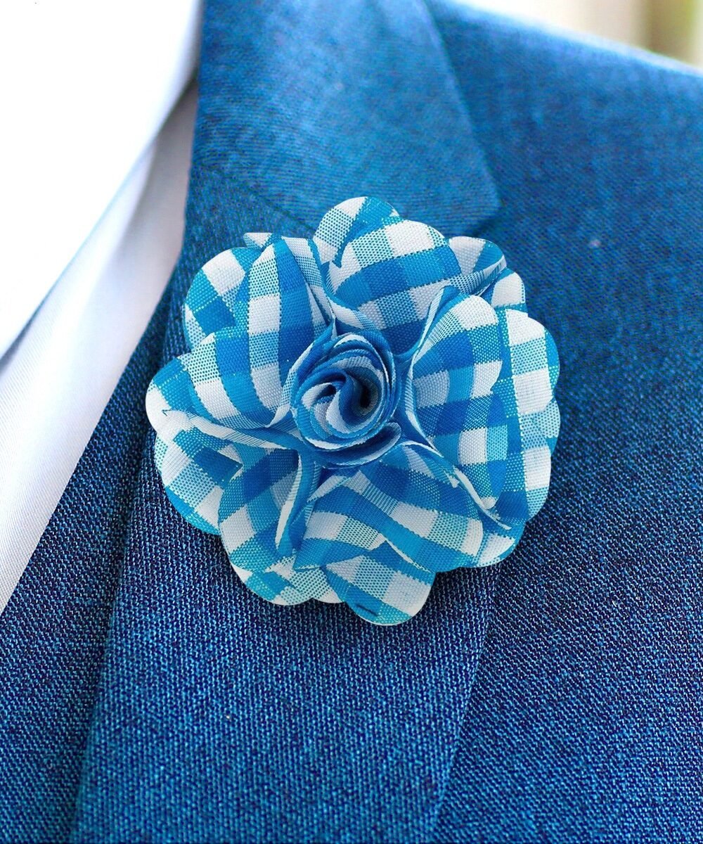 Vittorio Vico Unisex Metallic Silver Accent Plaid Flower Lapel Pin - Suits You Sir - Turquoise with Silver -