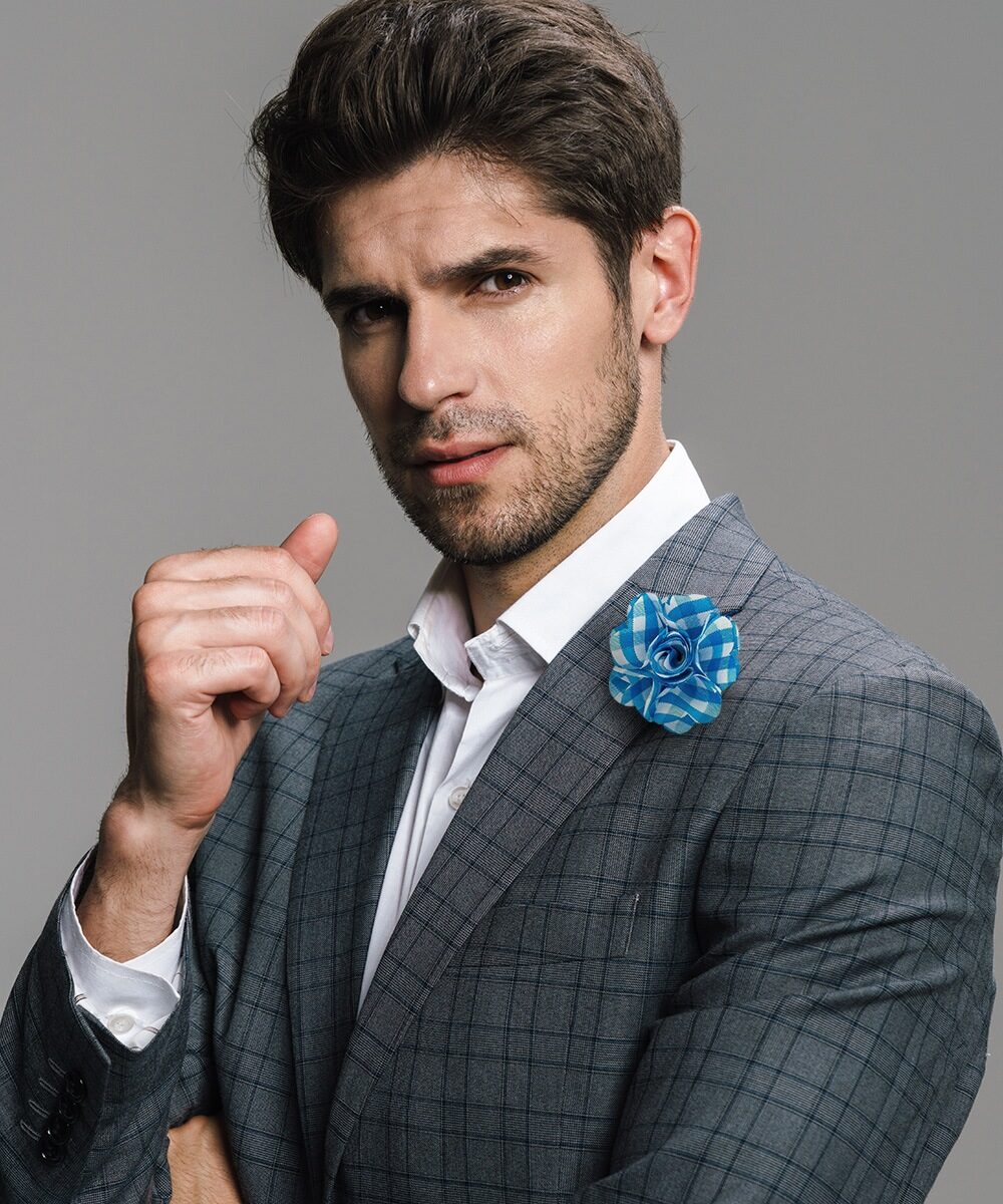 Vittorio Vico Unisex Metallic Silver Accent Plaid Flower Lapel Pin - Suits You Sir - Turquoise with Silver -