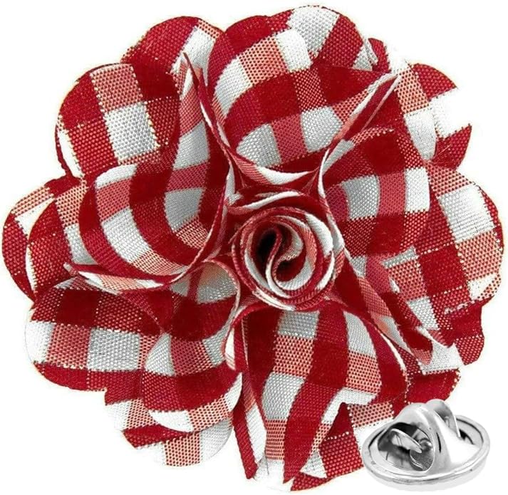 Vittorio Vico Unisex Metallic Silver Accent Plaid Flower Lapel Pin - Suits You Sir - Wine and White with Silver -