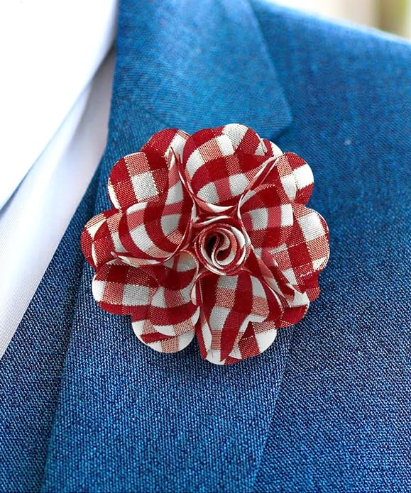 Vittorio Vico Unisex Metallic Silver Accent Plaid Flower Lapel Pin - Suits You Sir - Wine and White with Silver -