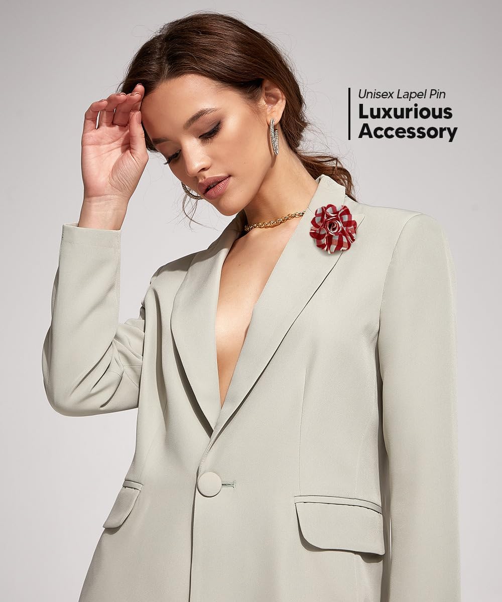 Vittorio Vico Unisex Metallic Silver Accent Plaid Flower Lapel Pin - Suits You Sir - Wine and White with Silver -