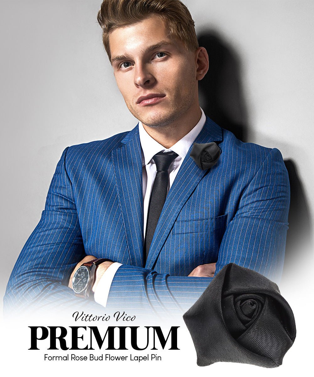 Vittorio Vico Unisex Satin Rose Bud Flower Lapel Pin - Suits You Sir - Black -