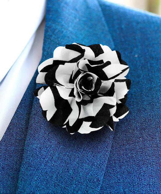 Vittorio Vico Unisex Striped Satin Flower Lapel Pin - Suits You Sir - Black and White -