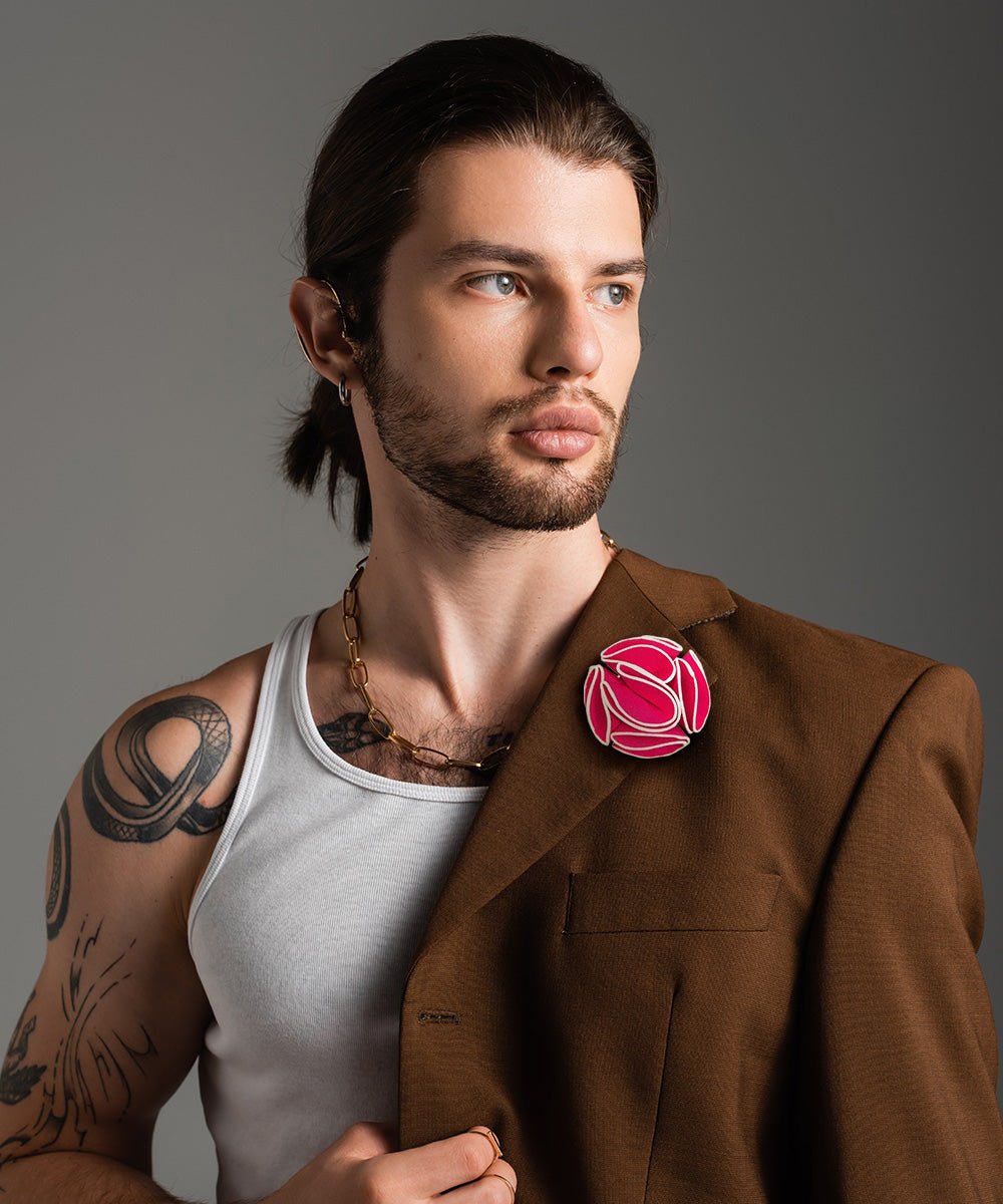 Vittorio Vico Unisex Trim Rose Flower Lapel Pin - Suits You Sir - Hot Pink -