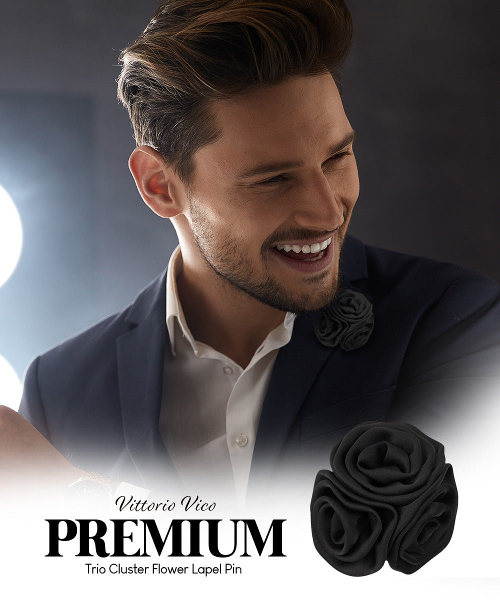 Vittorio Vico Unisex Trio Cluster Satin Flower Lapel Pin - Suits You Sir - Black -