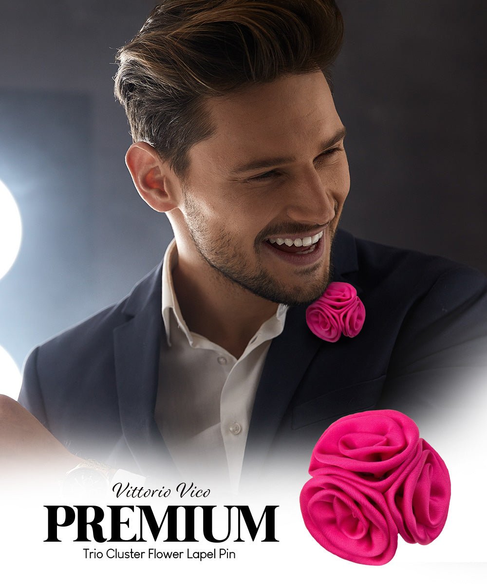 Vittorio Vico Unisex Trio Cluster Satin Flower Lapel Pin - Suits You Sir - Hot Pink -