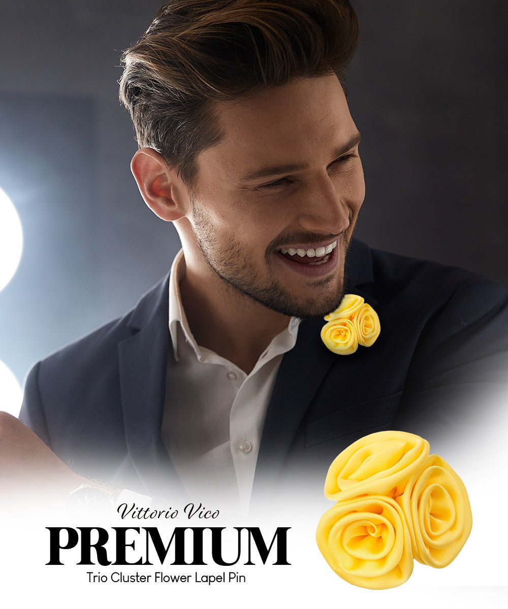 Vittorio Vico Unisex Trio Cluster Satin Flower Lapel Pin - Suits You Sir - Maize -