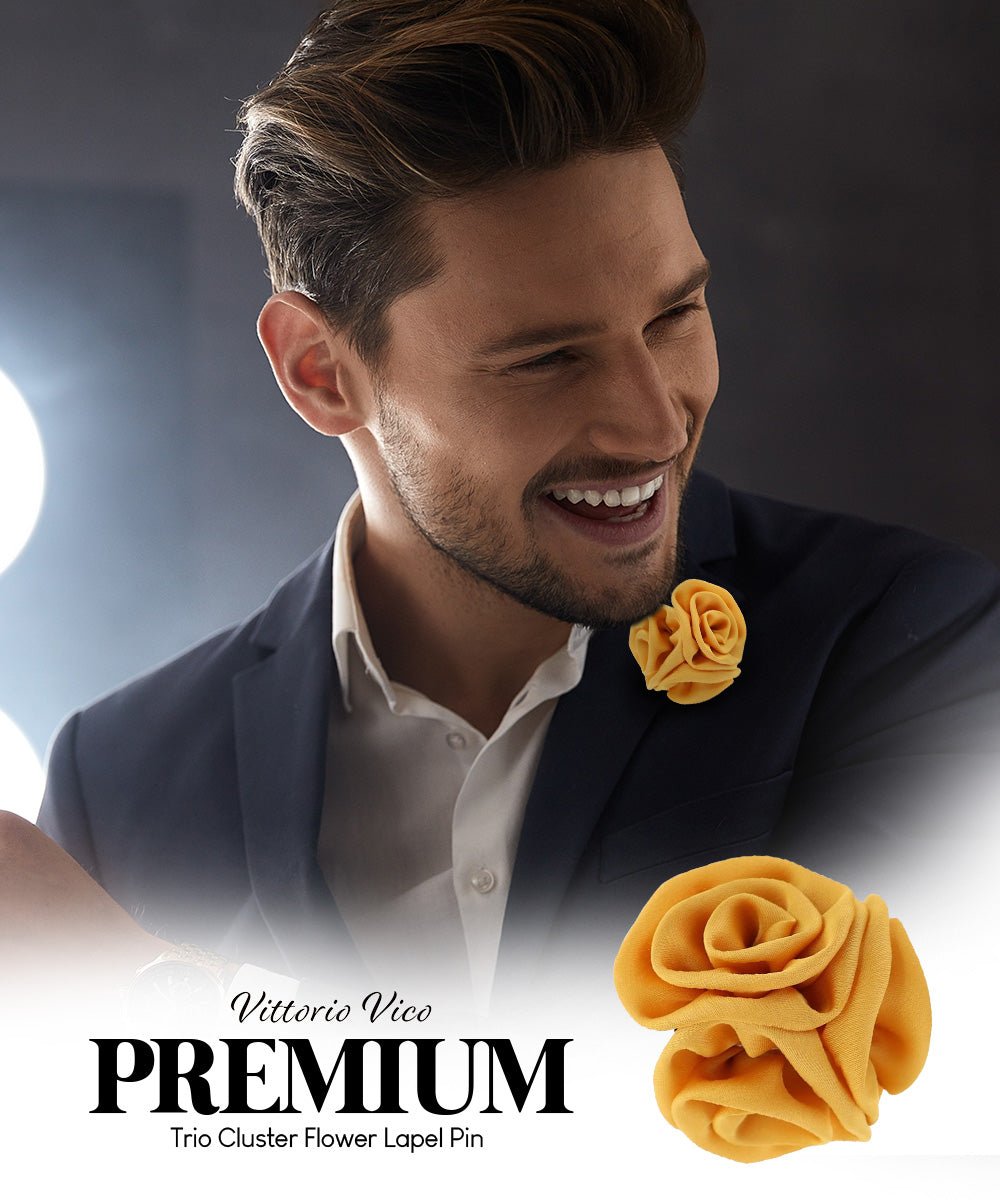 Vittorio Vico Unisex Trio Cluster Satin Flower Lapel Pin - Suits You Sir - Mustard Yellow -