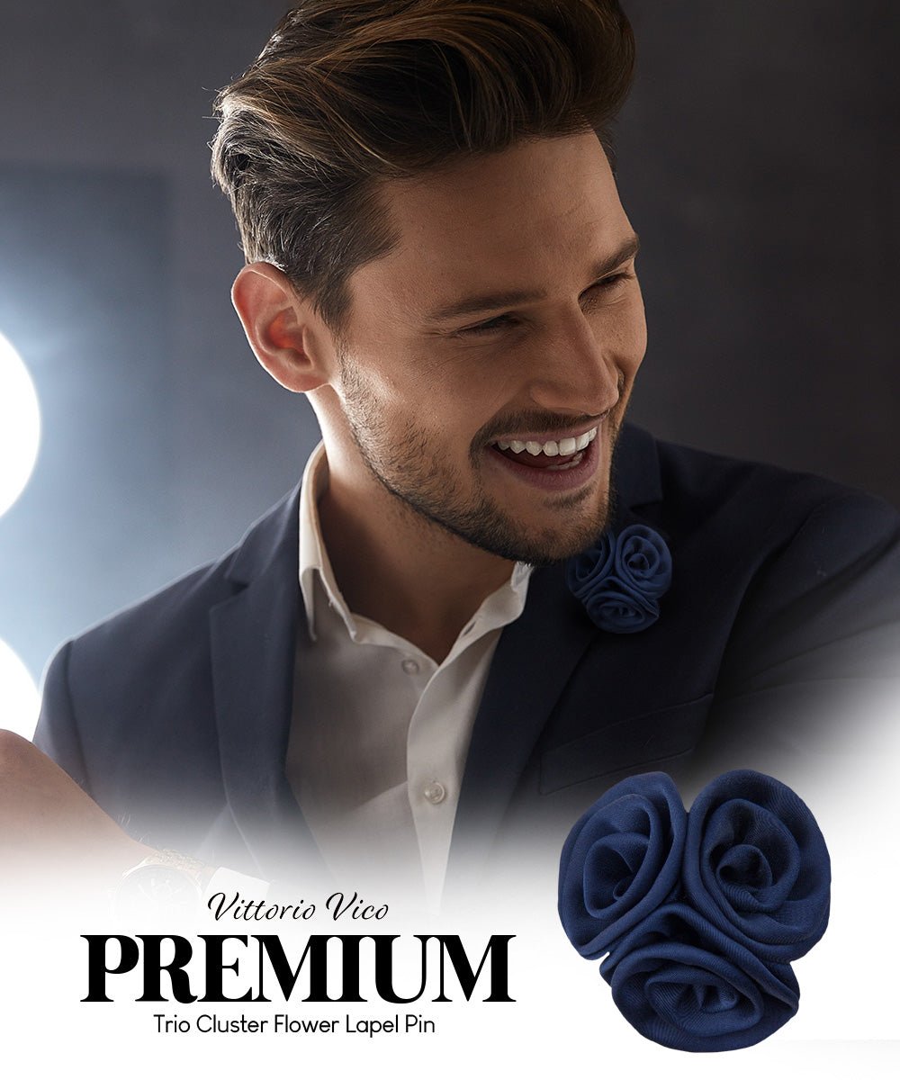 Vittorio Vico Unisex Trio Cluster Satin Flower Lapel Pin - Suits You Sir - Navy Blue -