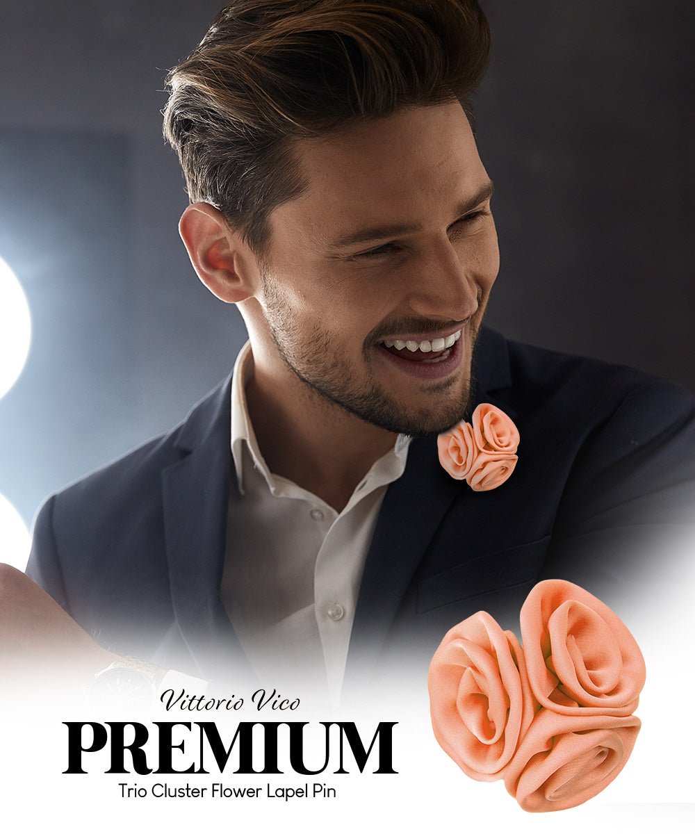 Vittorio Vico Unisex Trio Cluster Satin Flower Lapel Pin - Suits You Sir - Peach -