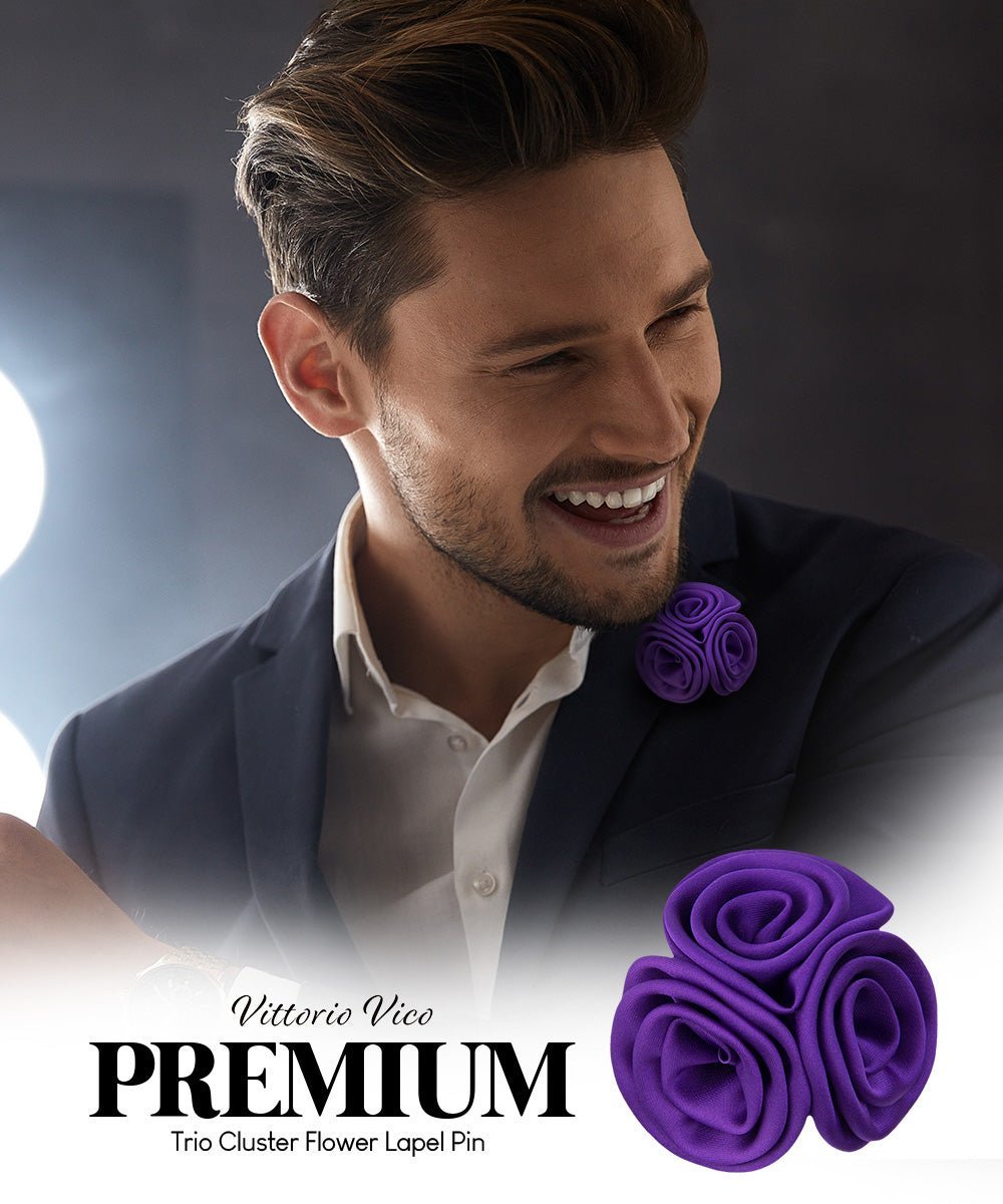 Vittorio Vico Unisex Trio Cluster Satin Flower Lapel Pin - Suits You Sir - Purple -