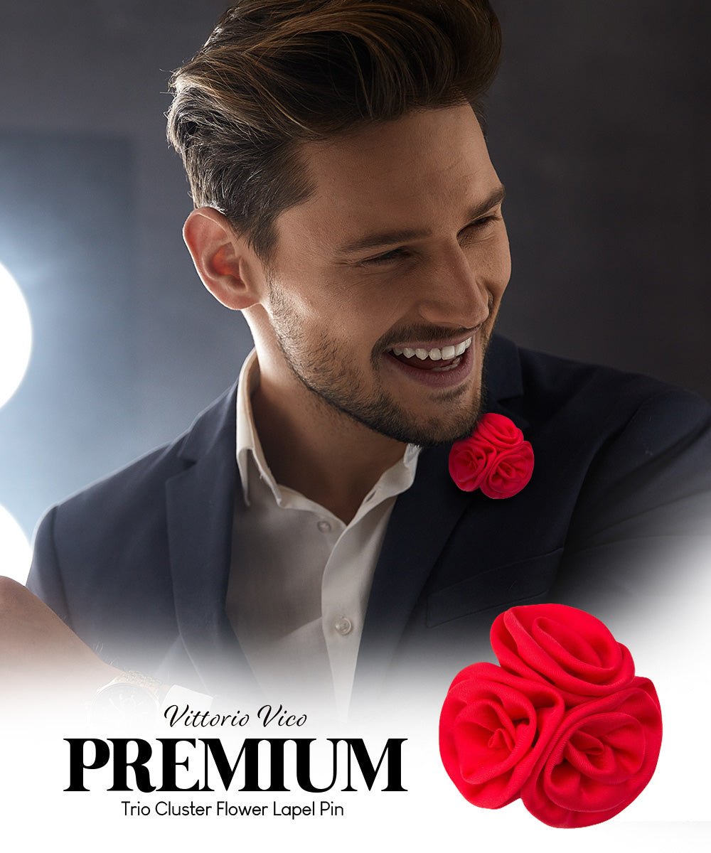 Vittorio Vico Unisex Trio Cluster Satin Flower Lapel Pin - Suits You Sir - Red -