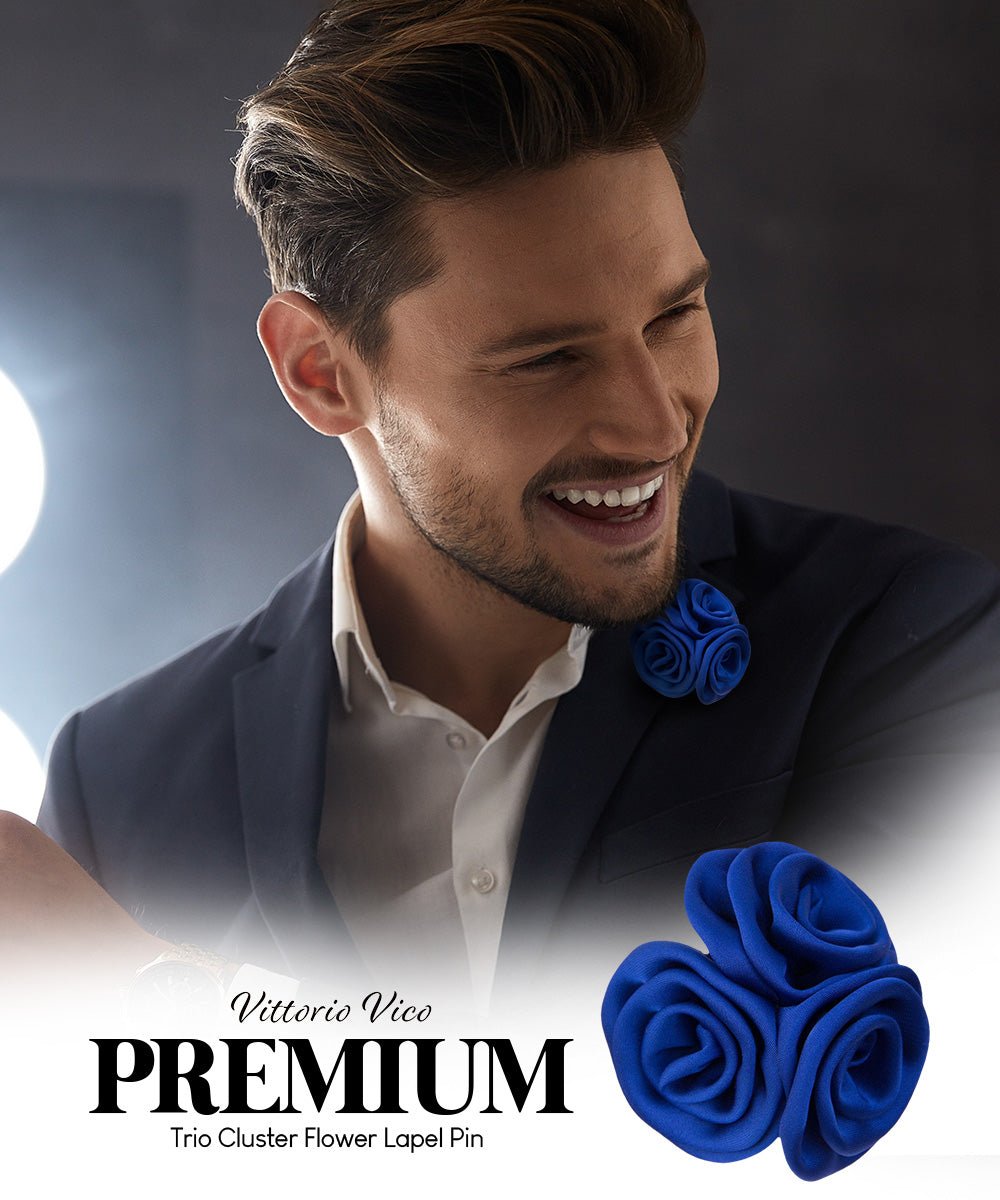 Vittorio Vico Unisex Trio Cluster Satin Flower Lapel Pin - Suits You Sir - Royal Blue -