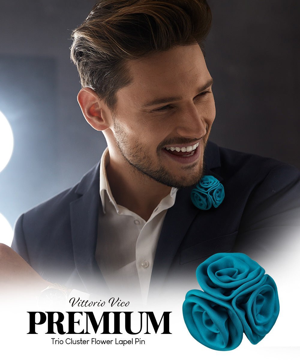 Vittorio Vico Unisex Trio Cluster Satin Flower Lapel Pin - Suits You Sir - Teal Blue -