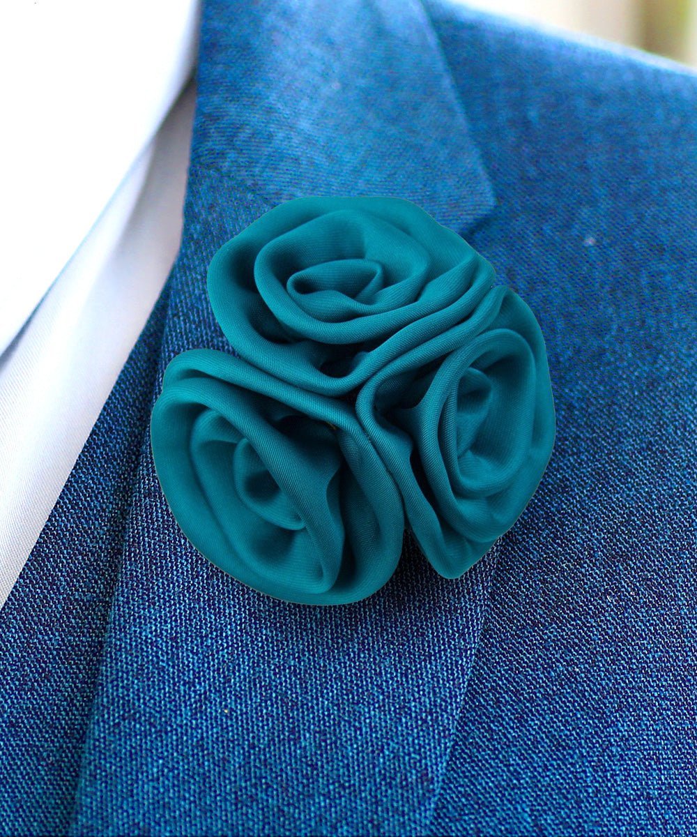 Vittorio Vico Unisex Trio Cluster Satin Flower Lapel Pin - Suits You Sir - Teal Blue -