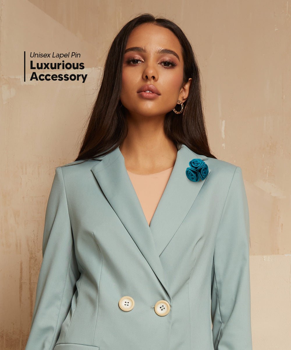 Vittorio Vico Unisex Trio Cluster Satin Flower Lapel Pin - Suits You Sir - Teal Blue -