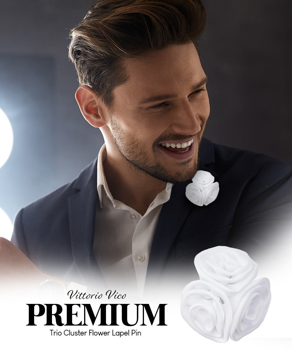 Vittorio Vico Unisex Trio Cluster Satin Flower Lapel Pin - Suits You Sir - White -