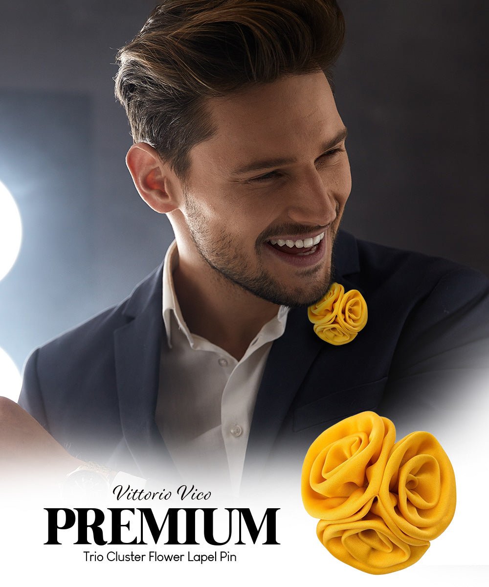 Vittorio Vico Unisex Trio Cluster Satin Flower Lapel Pin - Suits You Sir - Yellow -