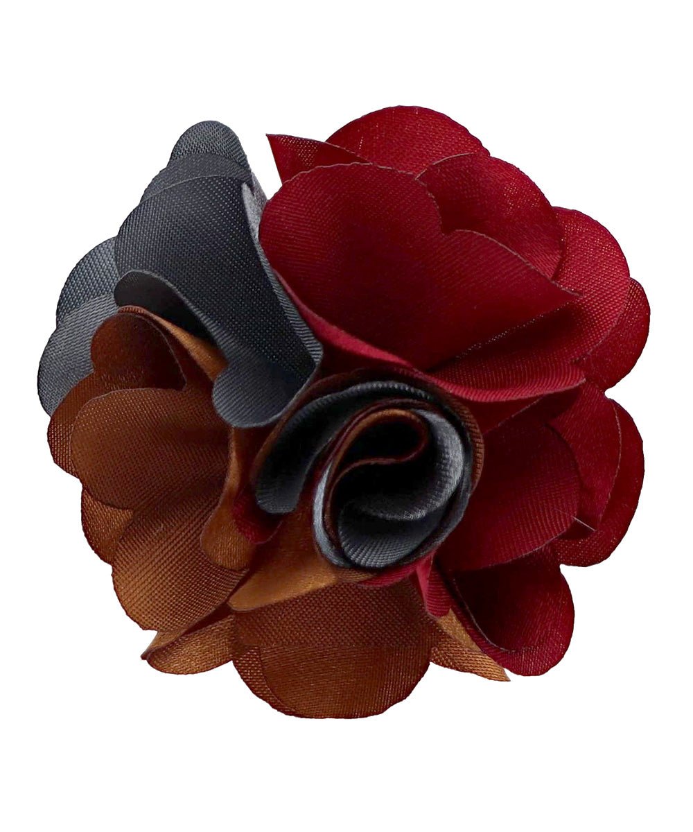 Vittorio Vico Unisex Two Tone Satin Flower Lapel Pin - Suits You Sir - Burgundy and Charcoal and Whiskey -