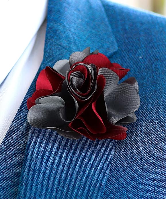 Vittorio Vico Unisex Two Tone Satin Flower Lapel Pin - Suits You Sir - Burgundy and Silver Gray -