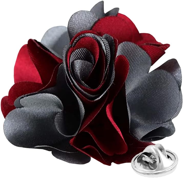 Vittorio Vico Unisex Two Tone Satin Flower Lapel Pin - Suits You Sir - Burgundy and Silver Gray -