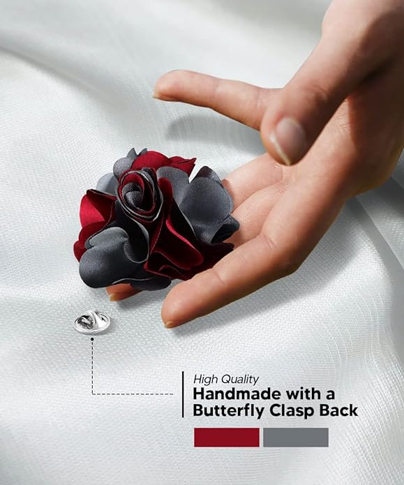Vittorio Vico Unisex Two Tone Satin Flower Lapel Pin - Suits You Sir - Burgundy and Silver Gray -