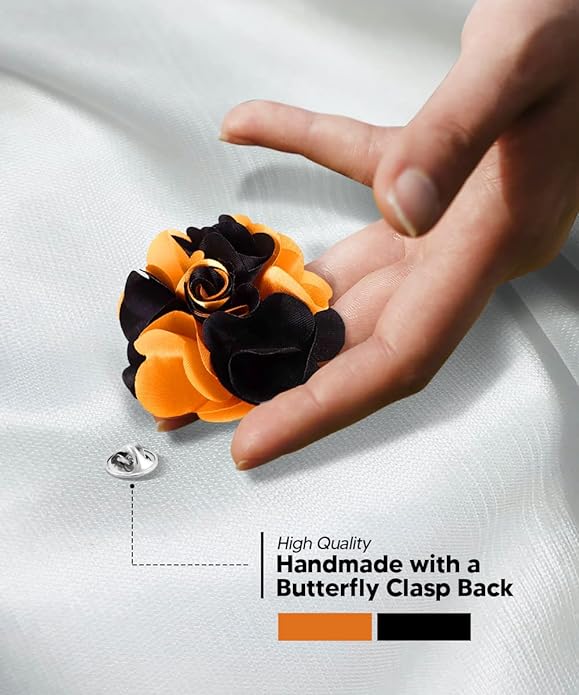 Vittorio Vico Unisex Two Tone Satin Flower Lapel Pin - Suits You Sir - Orange and Black -