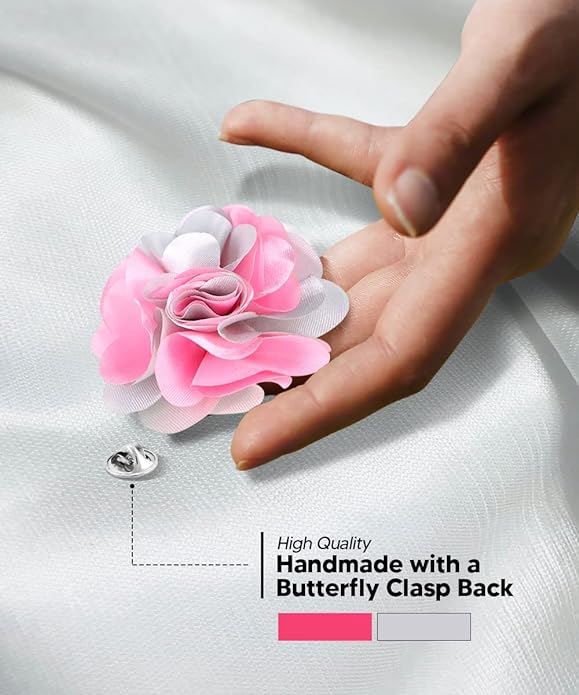 Vittorio Vico Unisex Two Tone Satin Flower Lapel Pin - Suits You Sir - Pink and Light Silver -