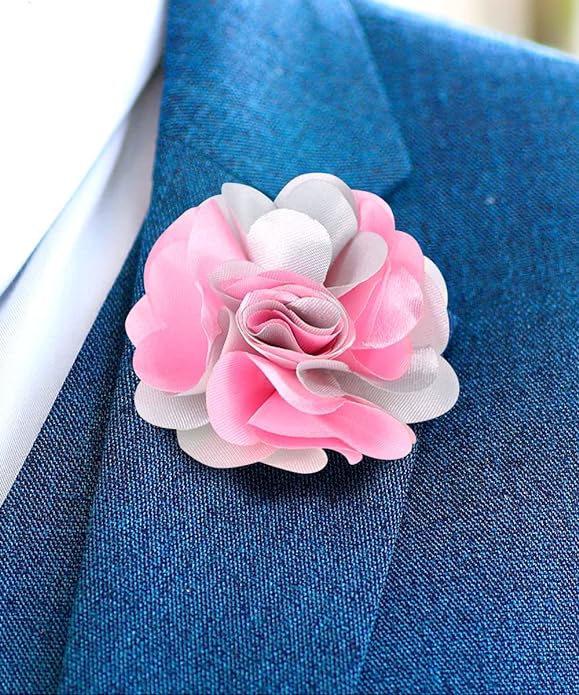 Vittorio Vico Unisex Two Tone Satin Flower Lapel Pin - Suits You Sir - Pink and Light Silver -