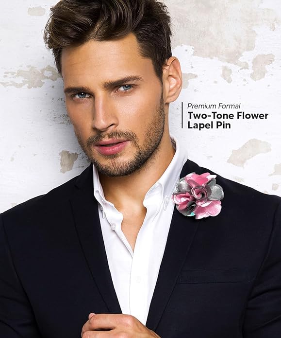 Vittorio Vico Unisex Two Tone Satin Flower Lapel Pin - Suits You Sir - Pink and Silver Gray -