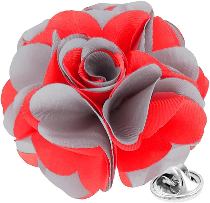 Vittorio Vico Unisex Two Tone Satin Flower Lapel Pin - Suits You Sir - Red and Gray -