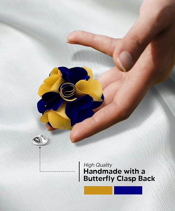 Vittorio Vico Unisex Two Tone Satin Flower Lapel Pin - Suits You Sir - Royal Blue and Gold -