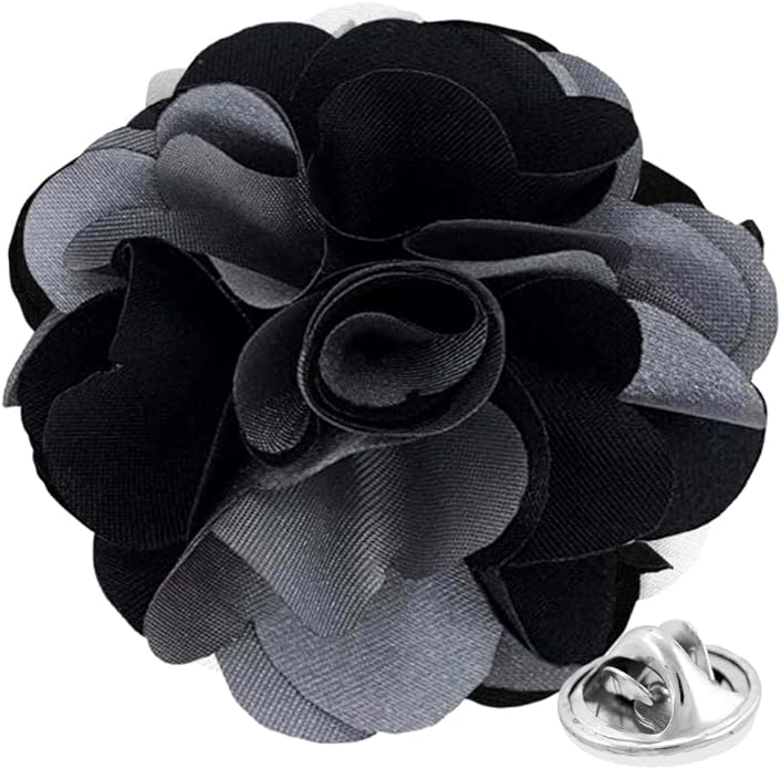 Vittorio Vico Unisex Two Tone Satin Flower Lapel Pin - Suits You Sir - Silver Gray and Black -