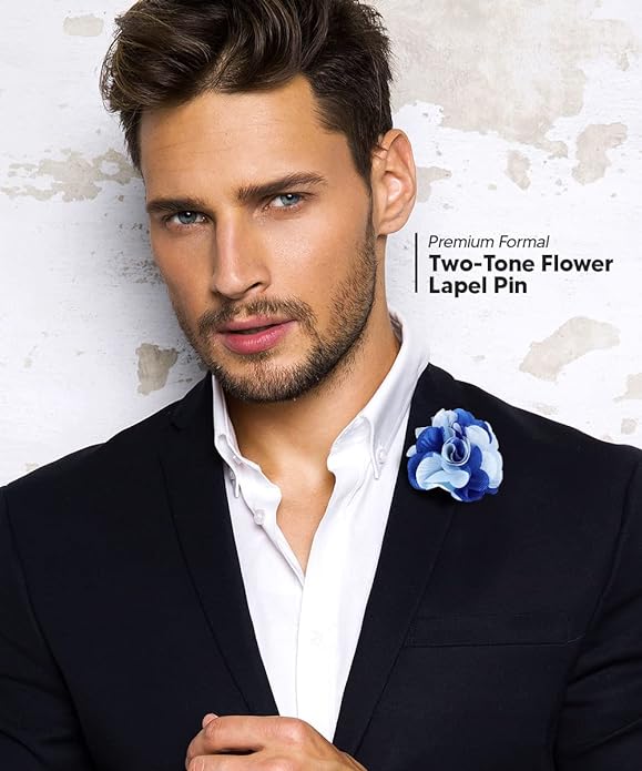 Vittorio Vico Unisex Two Tone Satin Flower Lapel Pin - Suits You Sir - Sky Blue and Royal Blue -