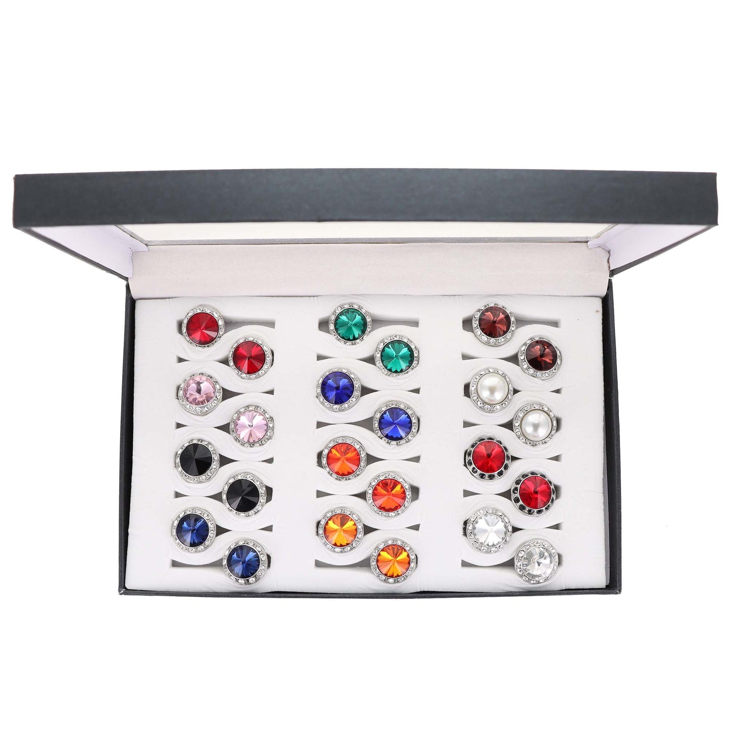 Vittorio Vico Custom Selection Button Covers with Assorted Crystal Colorstones in Presentation Box: 24 Pack