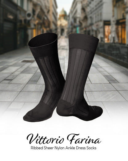 Vittorio Farina Men's Ribbed Shear Nylon Anklet Dress Socks - ank - charcoal - 12 - Classy Cufflinks