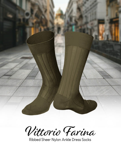 Vittorio Farina Men's Ribbed Shear Nylon Anklet Dress Socks - ank - olive - 12 - Classy Cufflinks