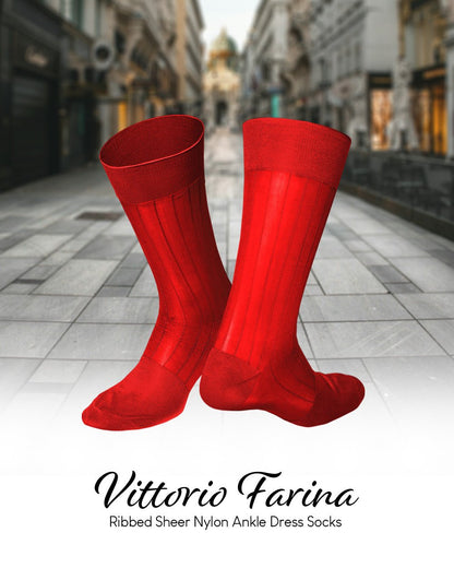 Vittorio Farina Men's Ribbed Shear Nylon Anklet Dress Socks - ank - red - 12 - Classy Cufflinks