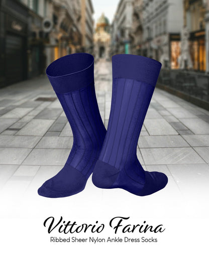 Vittorio Farina Men's Ribbed Shear Nylon Anklet Dress Socks - ank - royal - 3 - Classy Cufflinks