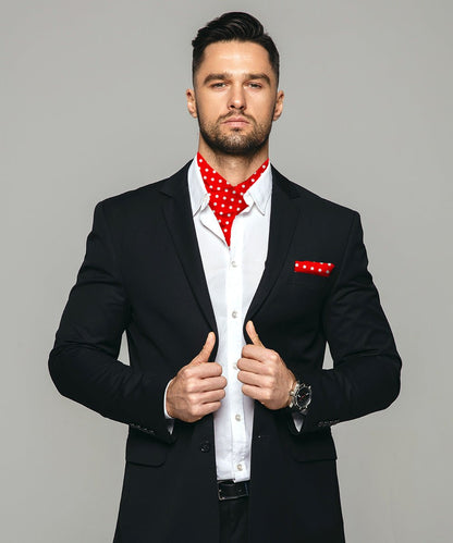 Vittorio Farina Men's Polka Dot Satin Ascot & Pocket Square - ASCOTS - PD_RED_WHITE - Classy Cufflinks
