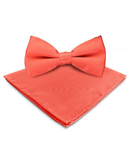 Vittorio Farina Men's Satin Bow Tie & Pocket Square in Gift Box - basic - bow - tie - hanky - coral - Classy Cufflinks