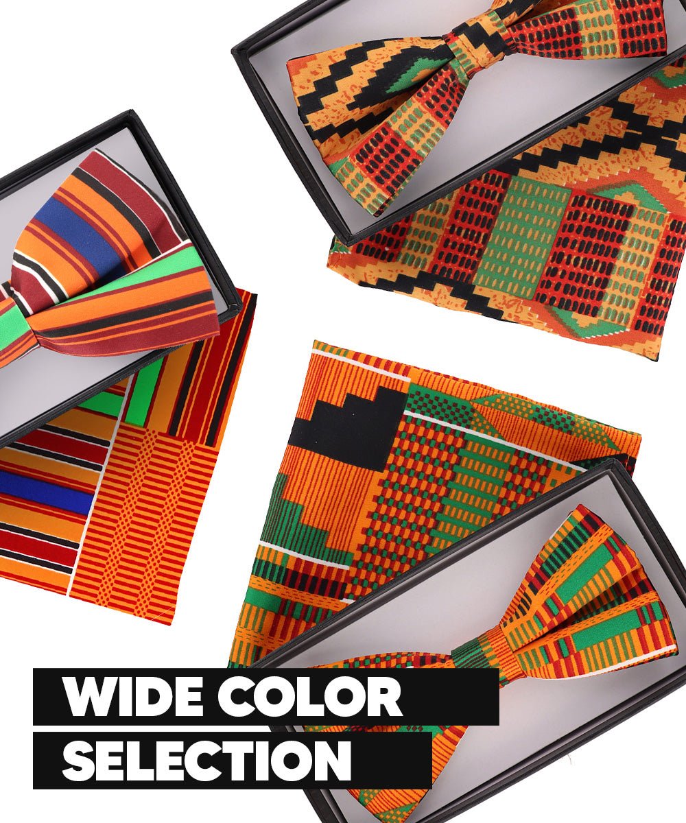 Vittorio Farina Men's Kente Satin Bow Tie & Pocket Square in Gift Box - BH - K_Kente 4 - Classy Cufflinks