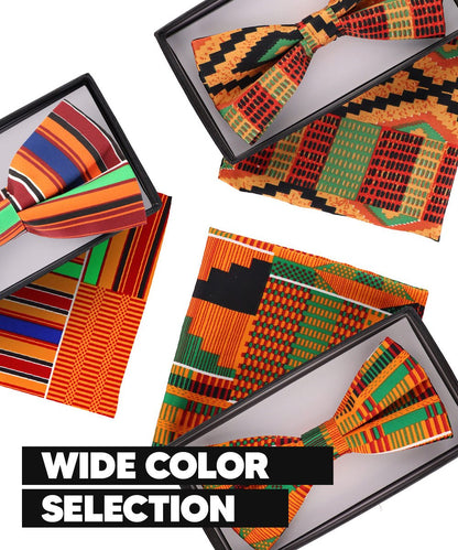 Vittorio Farina Men's Kente Satin Bow Tie & Pocket Square in Gift Box - BH - K_Kente 4 - Classy Cufflinks