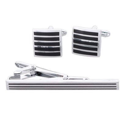 Vittorio Vico Plain Silver Cufflink & Tie Bar Set in Gift Box