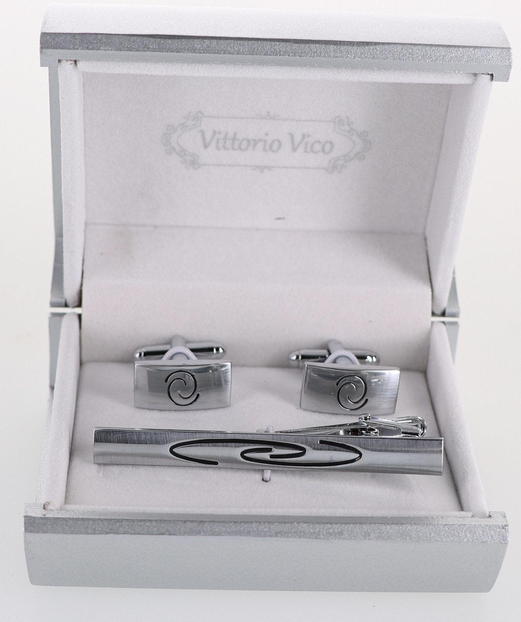 Vittorio Vico Plain Silver Cufflink & Tie Bar Set in Gift Box - CLTB-501 - Classy Cufflinks